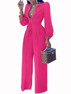 Jumpsuits For Women Summer Dressy Button High Waist Solid Color Shirt Collar Business Office Christmas Work Regular Fit Long Sleeve Black Fuchsia Orange S M L -Cheap Women Clothing Store cspnql1681109232151