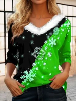 Women's T Shirt Tee Christmas Shirt Red Blue Purple Snowflake Print Long Sleeve Party Christmas Weekend Festival / Holiday Print Christmas Fur Collar V Neck Regular Fit Painting Fall & Winter 13 Women's T Shirt Tee Christmas Shirt Red Blue Purple Snowflake Print Long Sleeve Party Christmas Weekend Festival / Holiday Print Christmas Fur Collar V Neck Regular Fit Painting Fall & Winter -Cheap Women Clothing Store ctbqrh1694684379582