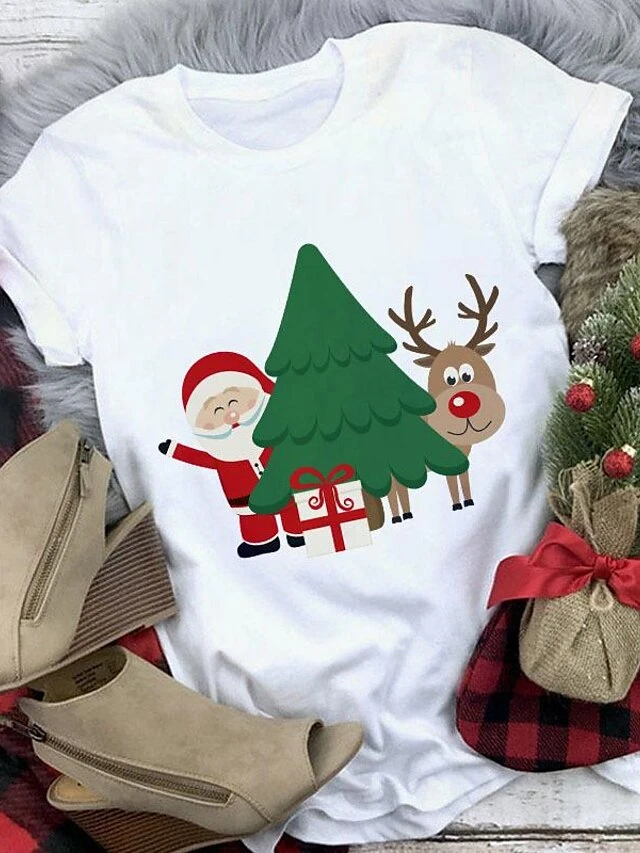 Christmas Snowman Reindeer Beer Cartoon Print Christmas Harajuku Casual Ladies Round Neck Loose Black Short Sleeve T-shirt 7 Christmas Snowman Reindeer Beer Cartoon Print Christmas Harajuku Casual Ladies Round Neck Loose Black Short Sleeve T-shirt - Image 5