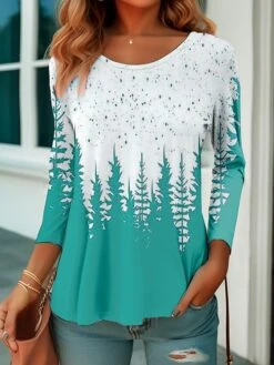 Women's T Shirt Tee Christmas Shirt Red Blue Purple Plants Print Long Sleeve Party Christmas Weekend Festival / Holiday Christmas Round Neck Regular Fit Floral Painting Spring &Fall -Cheap Women Clothing Store cuarsa1694746507993