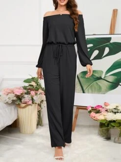 Women's Jumpsuit Pocket Drawstring Solid Color Off Shoulder Christmas Business Office Work Xmas Regular Fit Long Sleeve Black Red Blue S M L Fall -Cheap Women Clothing Store culuxh1694415724091