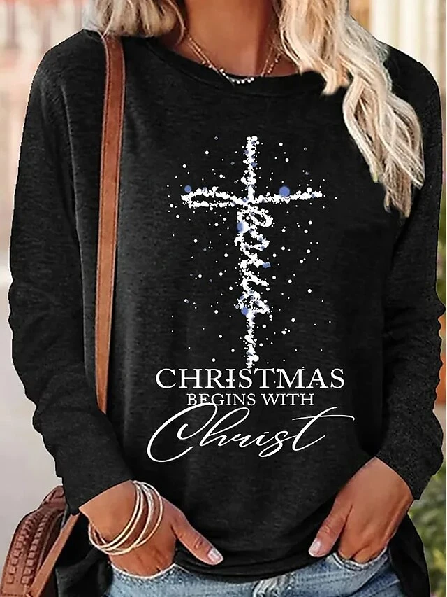 Women's T Shirt Tee Christmas Shirt Black Pink Blue Letter Print Long Sleeve Christmas Weekend Festival / Holiday Christmas Round Neck Regular Fit Painting Spring &Fall 8 Women's T Shirt Tee Christmas Shirt Black Pink Blue Letter Print Long Sleeve Christmas Weekend Festival / Holiday Christmas Round Neck Regular Fit Painting Spring &Fall - Image 6