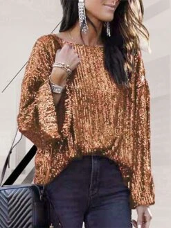 Women's Shirt Blouse Fleece Black Wine Purple Plain Sparkly Sequins Long Sleeve Party Christmas Casual Vintage Fashion Metallic Round Neck Regular Fit Spring Fall