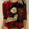 Women's T Shirt Tee Christmas Shirt Red Plaid Cat 3D Print Long Sleeve Christmas Weekend Basic Christmas Round Neck Regular Fit 3D Cat Painting 1 Women's T Shirt Tee Christmas Shirt Red Plaid Cat 3D Print Long Sleeve Christmas Weekend Basic Christmas Round Neck Regular Fit 3D Cat Painting -Cheap Women Clothing Store cvpcmt1666752164277