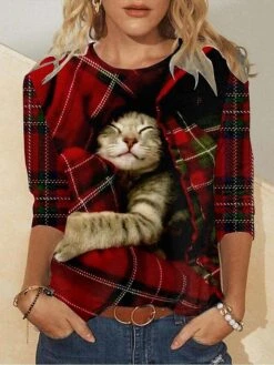 Women's T Shirt Tee Christmas Shirt Red Plaid Cat 3D Print Long Sleeve Christmas Weekend Basic Christmas Round Neck Regular Fit 3D Cat Painting