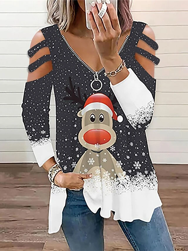 Women's Funny Tee Shirt Christmas Shirt Black Pink Red Elf Print Long Sleeve Christmas Christmas V Neck Loose Fit Chicago 4 Women's Funny Tee Shirt Christmas Shirt Black Pink Red Elf Print Long Sleeve Christmas Christmas V Neck Loose Fit Chicago - Image 2