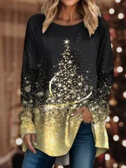 Women's T Shirt Tee Christmas Shirt Black Pink Blue Christmas Tree Snowflake Print Long Sleeve Christmas Weekend Festival / Holiday Round Neck Regular Fit Painting Spring &Fall