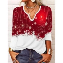 Women's Shirt Christmas Shirt Red Graphic Snowflake Print Long Sleeve Christmas Weekend Streetwear Casual Print V Neck Regular Fit