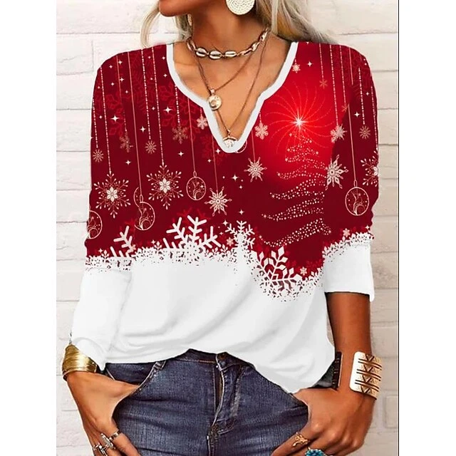 Women's Shirt Christmas Shirt Red Graphic Snowflake Print Long Sleeve Christmas Weekend Streetwear Casual Print V Neck Regular Fit 3 Women's Shirt Christmas Shirt Red Graphic Snowflake Print Long Sleeve Christmas Weekend Streetwear Casual Print V Neck Regular Fit