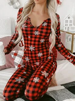 Women's Jumpsuit Print Plaid V Neck Active Home Christmas Regular Fit Long Sleeve BKAO011 BKAO008 BKAO009 S M L Fall -Cheap Women Clothing Store cxzynm1697457138876