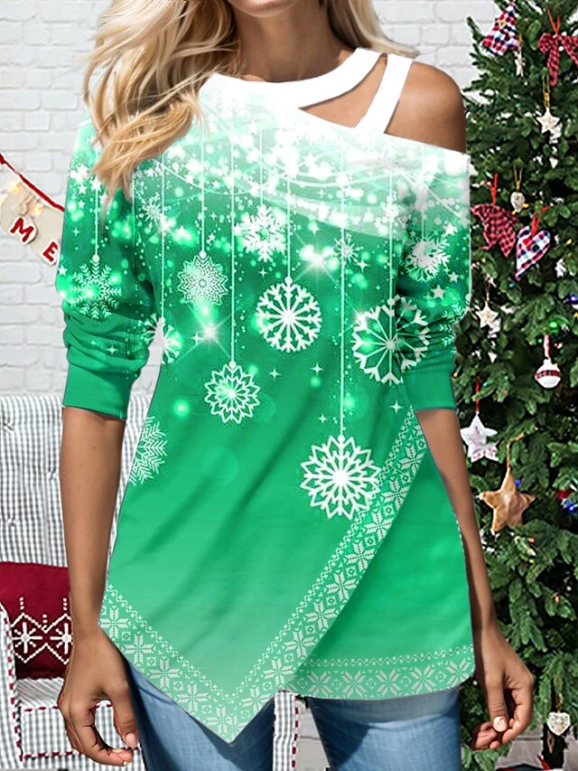 Women's Shirt Blouse Pink Red Blue Snowflake Cut Out Asymmetric Print Long Sleeve Christmas Casual Festival / Holiday Round Neck Regular Fit Spring &Fall 7 Women's Shirt Blouse Pink Red Blue Snowflake Cut Out Asymmetric Print Long Sleeve Christmas Casual Festival / Holiday Round Neck Regular Fit Spring &Fall - Image 5