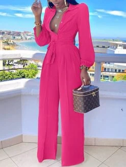 Jumpsuits For Women Summer Dressy Button High Waist Solid Color Shirt Collar Business Office Christmas Work Regular Fit Long Sleeve Black Fuchsia Orange S M L -Cheap Women Clothing Store dazwij1681109229985