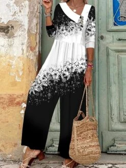 Women's Jumpsuit Button Print Snowflake V Neck Casual Christmas Vacation Xmas Wide Leg Regular Fit Long Sleeve Black Red Blue S M L All Seasons