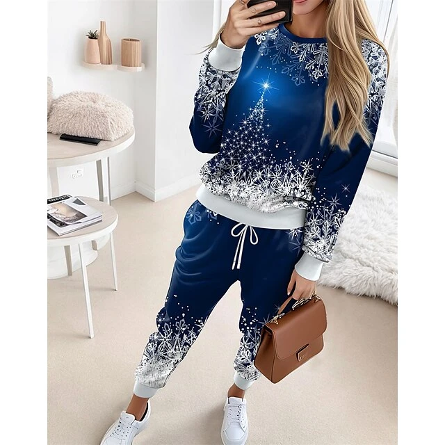 Women's Sweatshirt Tracksuit Pants Sets Blue Graphic Drawstring Print Long Sleeve Outdoor Casual Sports Christmas Round Neck Regular Fit Spring &Fall 3 Women's Sweatshirt Tracksuit Pants Sets Blue Graphic Drawstring Print Long Sleeve Outdoor Casual Sports Christmas Round Neck Regular Fit Spring &Fall