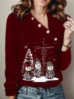Women's T Shirt Tee Christmas Shirt Black Red Blue Snowman Christmas Tree Button Print Long Sleeve Party Christmas Weekend Festival / Holiday Fur Collar V Neck Regular Fit Painting Spring &Fall