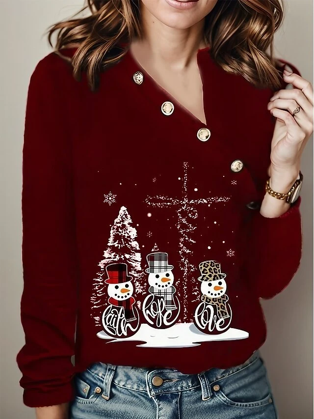 Women's T Shirt Tee Christmas Shirt Black Red Blue Snowman Christmas Tree Button Print Long Sleeve Party Christmas Weekend Festival / Holiday Fur Collar V Neck Regular Fit Painting Spring &Fall 3 Women's T Shirt Tee Christmas Shirt Black Red Blue Snowman Christmas Tree Button Print Long Sleeve Party Christmas Weekend Festival / Holiday Fur Collar V Neck Regular Fit Painting Spring &Fall