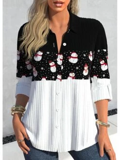 Women's Blouse Christmas Shirt Black Color Block Snowman Button Print Long Sleeve Christmas Casual Festival / Holiday Shirt Collar Regular Fit Spring &Fall