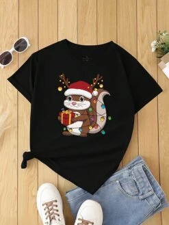 Women's T Shirt Tee Christmas Shirt Black Animal Print Short Sleeve Christmas Weekend Festival / Holiday Christmas Round Neck Regular Fit Painting Summer