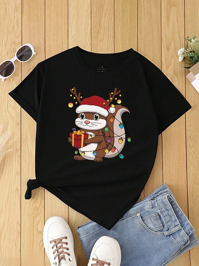 Women's T Shirt Tee Christmas Shirt Black Animal Print Short Sleeve Christmas Weekend Festival / Holiday Christmas Round Neck Regular Fit Painting Summer 3 Women's T Shirt Tee Christmas Shirt Black Animal Print Short Sleeve Christmas Weekend Festival / Holiday Christmas Round Neck Regular Fit Painting Summer