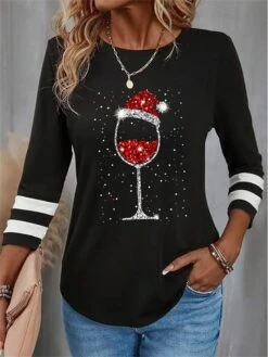 Women's T Shirt Tee Christmas Shirt Black Red Blue Wine Glass Rhinestone Print Long Sleeve Christmas Weekend Festival / Holiday Round Neck Regular Fit Painting Spring &Fall -Cheap Women Clothing Store dgabju1696843888016