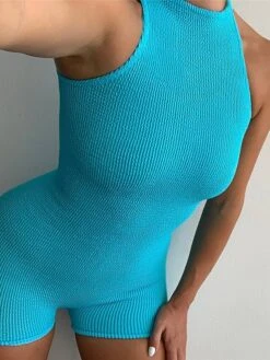 Women's Romper High Waist Solid Color Crew Neck Active Xmas Street Christmas Sport Regular Fit Sleeveless Black Blue Brown S M L Summer -Cheap Women Clothing Store dgcwff1680602606823