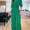 Women's Jumpsuit Lace Up High Waist Solid Color Shirt Collar Streetwear Xmas Street Daily Christmas Regular Fit Half Sleeve Green S M L Summer -Cheap Women Clothing Store dijund1680073336240