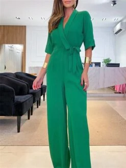 Women's Jumpsuit Lace Up High Waist Solid Color Shirt Collar Streetwear Xmas Street Daily Christmas Regular Fit Half Sleeve Green S M L Summer