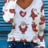 Women's T Shirt Tee Christmas Shirt White Santa Claus Print Long Sleeve Party Christmas Weekend Festival / Holiday Christmas V Neck Regular Fit Painting Spring &Fall