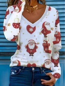 Women's T Shirt Tee Christmas Shirt White Santa Claus Print Long Sleeve Party Christmas Weekend Festival / Holiday Christmas V Neck Regular Fit Painting Spring &Fall