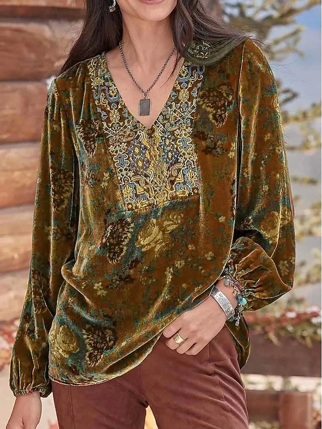 Women's Shirt Blouse Velvet Yellow Red Blue Floral Print Long Sleeve Party Christmas New Year Basic V Neck Regular Fit Floral Spring Fall 6 Women's Shirt Blouse Velvet Yellow Red Blue Floral Print Long Sleeve Party Christmas New Year Basic V Neck Regular Fit Floral Spring Fall - Image 4
