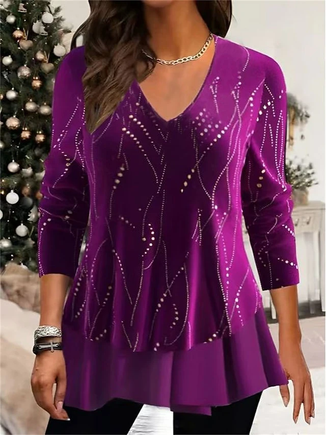 Women's Blouse Christmas Shirt Velvet Purple Striped Sparkly Print Long Sleeve Party Christmas Casual Fashion Festival / Holiday V Neck Regular Fit Fall & Winter 3 Women's Blouse Christmas Shirt Velvet Purple Striped Sparkly Print Long Sleeve Party Christmas Casual Fashion Festival / Holiday V Neck Regular Fit Fall & Winter