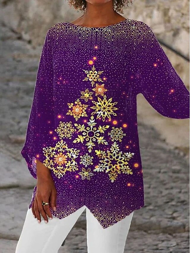 Women's Shirt Blouse Christmas Shirt Black Blue Purple Cat Christmas Tree Asymmetric Print Long Sleeve Party Christmas Casual Festival / Holiday Print Round Neck Regular Fit Spring &Fall 4 Women's Shirt Blouse Christmas Shirt Black Blue Purple Cat Christmas Tree Asymmetric Print Long Sleeve Party Christmas Casual Festival / Holiday Print Round Neck Regular Fit Spring &Fall - Image 2