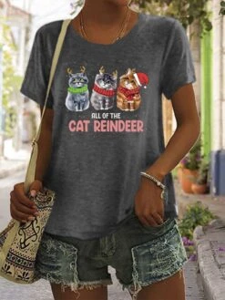 Women's T Shirt Tee Christmas Shirt 100% Cotton Black White Wine Graphic Cat Letter Print Short Sleeve Christmas Daily Holiday Basic Christmas Round Neck Regular Fit Cat -Cheap Women Clothing Store dljlkn1666754593927