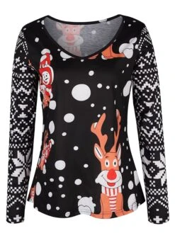 Women's T Shirt Tee Black White Red Santa Claus Snowman Reindeer Print Long Sleeve Christmas Weekend Basic V Neck Regular Fit Painting -Cheap Women Clothing Store dmddmi1667274280448