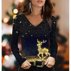 Women's T Shirt Tee Christmas Shirt Black Reindeer Print Long Sleeve Christmas Weekend Basic Print Christmas V Neck Regular Fit Painting Fall & Winter