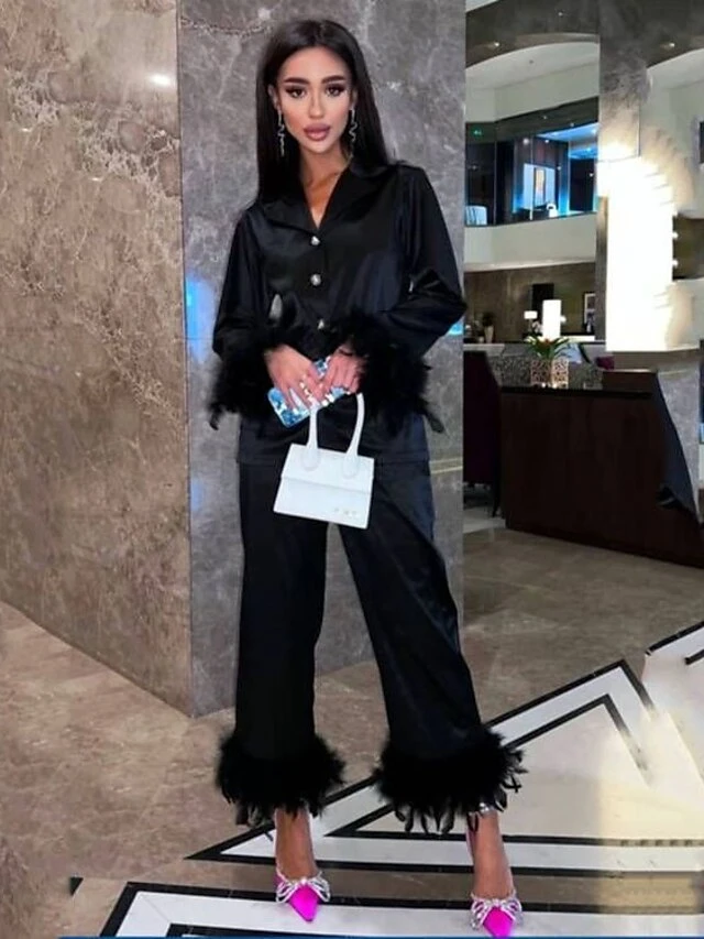 Women's Shirt Pants Sets Christmas Shirt Black White Solid Color Patchwork Long Sleeve Vacation Daily Christmas Shirt Collar Regular Fit Spring &Fall 4 Women's Shirt Pants Sets Christmas Shirt Black White Solid Color Patchwork Long Sleeve Vacation Daily Christmas Shirt Collar Regular Fit Spring &Fall - Image 2