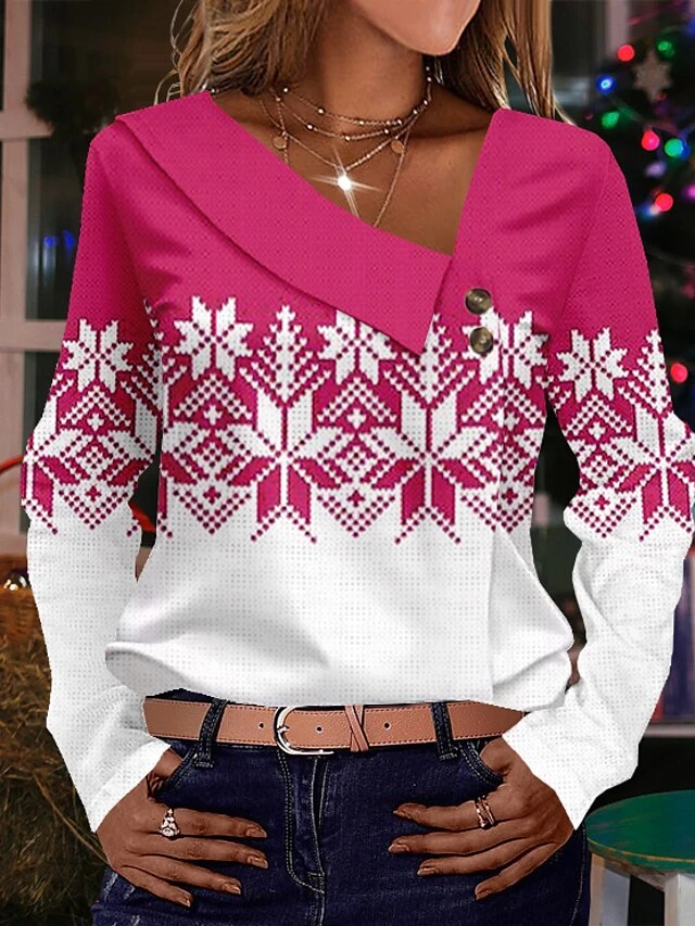 Women's Shirt Blouse Christmas Shirt Yellow Pink Red Snowflake Button Print Long Sleeve Christmas Casual Festival / Holiday V Neck Regular Fit Spring &Fall 6 Women's Shirt Blouse Christmas Shirt Yellow Pink Red Snowflake Button Print Long Sleeve Christmas Casual Festival / Holiday V Neck Regular Fit Spring &Fall - Image 4