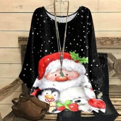 Women's Shirt Blouse Christmas Shirt Linen Black White Blue Snowman Deer Print Long Sleeve Christmas Streetwear Casual Round Neck Regular Fit Floral -Cheap Women Clothing Store dohwka1663230420758