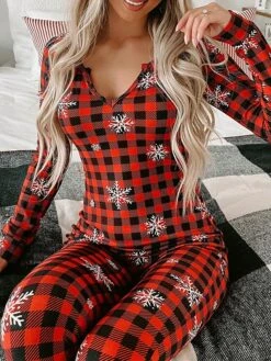 Women's Jumpsuit Print Plaid V Neck Active Home Christmas Regular Fit Long Sleeve BKAO011 BKAO008 BKAO009 S M L Fall -Cheap Women Clothing Store doujkc1697457137563