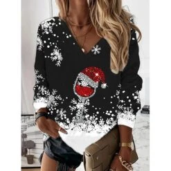 Women's Shirt Christmas Shirt Black Wine Red Snowflake Print Long Sleeve Christmas Weekend Streetwear Casual V Neck Regular Fit Spring Fall -Cheap Women Clothing Store dpredx1665738518152