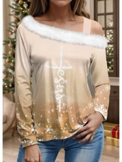 Women's Blouse Christmas Shirt Yellow Pink Blue Letter Snowflake Print Long Sleeve Party Christmas Casual Festival / Holiday Fur Collar Regular Fit Fall & Winter -Cheap Women Clothing Store dqccep1697713765094