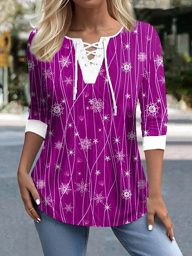 Women's T Shirt Tee Christmas Shirt Pink Red Blue Snowflake Print Long Sleeve Christmas Weekend Festival / Holiday V Neck Regular Fit Painting Spring &Fall 6 Women's T Shirt Tee Christmas Shirt Pink Red Blue Snowflake Print Long Sleeve Christmas Weekend Festival / Holiday V Neck Regular Fit Painting Spring &Fall - Image 4