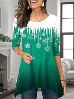 Women's T Shirt Tee Christmas Shirt Black Red Blue Snowflake Flowing Tunic Print Long Sleeve Christmas Weekend Basic Christmas Round Neck Regular Fit Painting Spring &Fall