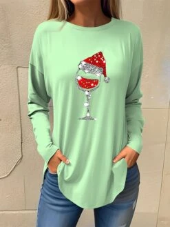 Women's T Shirt Tee Christmas Shirt Black Pink Red Wine Glass Rhinestone Print Long Sleeve Party Christmas Weekend Festival / Holiday Christmas Round Neck Regular Fit Painting Spring &Fall -Cheap Women Clothing Store dwfwum1694685128432