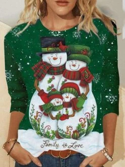 Women's T Shirt Tee Christmas Shirt Black Light Green Royal Blue Snowman Reindeer Print Long Sleeve Party Christmas Casual Vintage Print Christmas Round Neck Fall & Winter -Cheap Women Clothing Store dwssly1665646940151