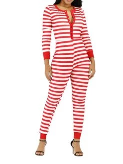 Women's Jumpsuit Button Print Striped V Neck Streetwear Christmas Street Xmas Regular Fit Long Sleeve Pink Red Blue S M L Fall -Cheap Women Clothing Store dxgipx1695792391646