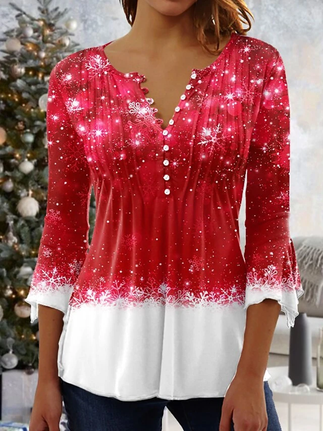Women's Shirt Blouse Christmas Shirt Denim Blue Grass Green Black Snowflake Button Print 3/4 Length Sleeve Christmas Streetwear Casual Round Neck Regular Fit 3 Women's Shirt Blouse Christmas Shirt Denim Blue Grass Green Black Snowflake Button Print 3/4 Length Sleeve Christmas Streetwear Casual Round Neck Regular Fit