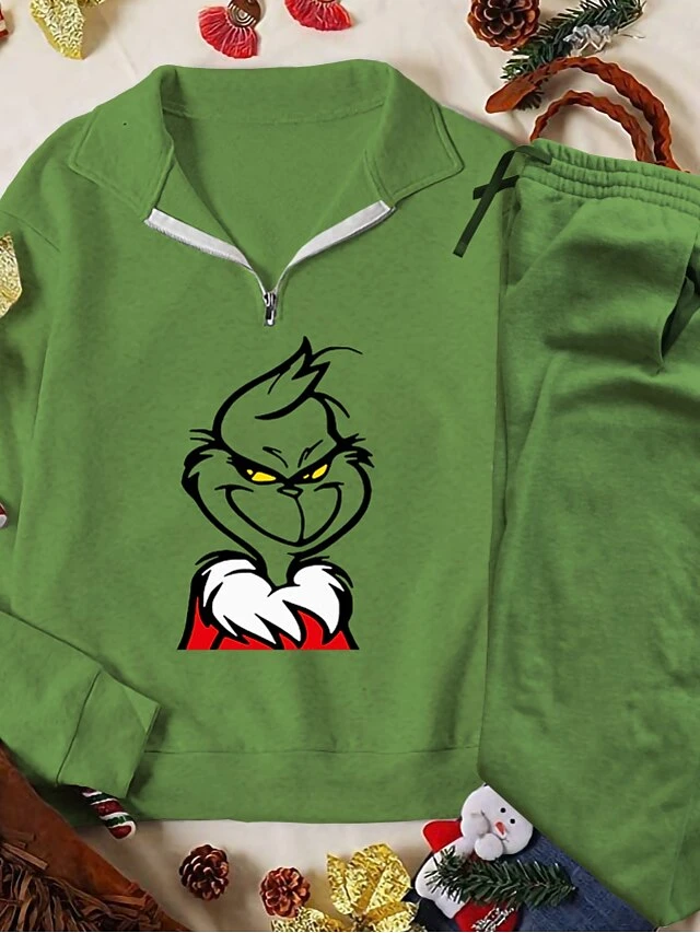 Women's Sweatshirt Tracksuit Pants Sets Christmas Shirt Light Green Army Green Dark Green Graphic Ugly Christmas Monster Zipper Drawstring Print Long Sleeve Outdoor Casual Active Sports Christmas V 8 Women's Sweatshirt Tracksuit Pants Sets Christmas Shirt Light Green Army Green Dark Green Graphic Ugly Christmas Monster Zipper Drawstring Print Long Sleeve Outdoor Casual Active Sports Christmas V - Image 6