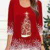 Women's Blouse Christmas Shirt Black Yellow Red Christmas Tree Print 3/4 Length Sleeve Party Christmas Casual Festival / Holiday Round Neck Regular Fit Spring &Fall