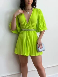 Women's Romper Pleated Solid Color V Neck Streetwear Street Xmas Daily Party Christmas Regular Fit 3/4 Length Sleeve Light Green Pink Fuchsia S M L Summer -Cheap Women Clothing Store dzxqqk1681203097411